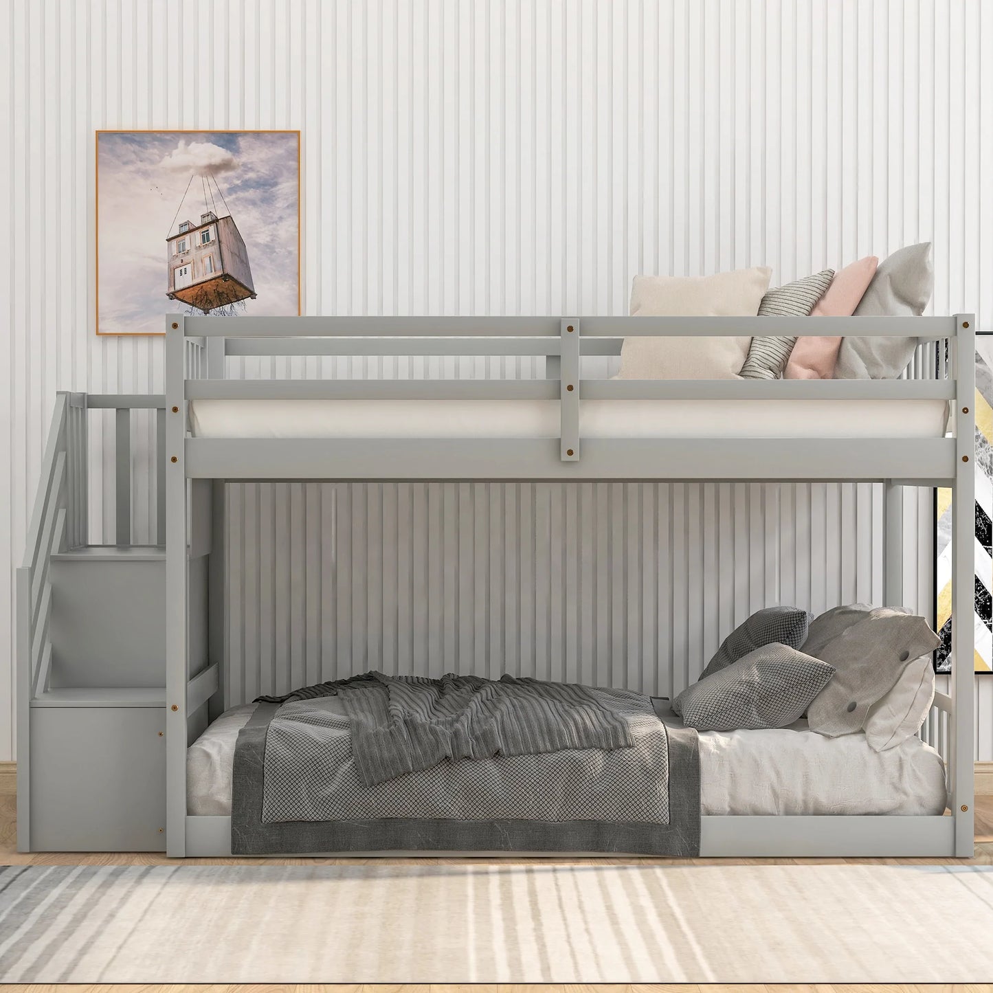 Twin Floor Bunk Bed with Storage in Gray