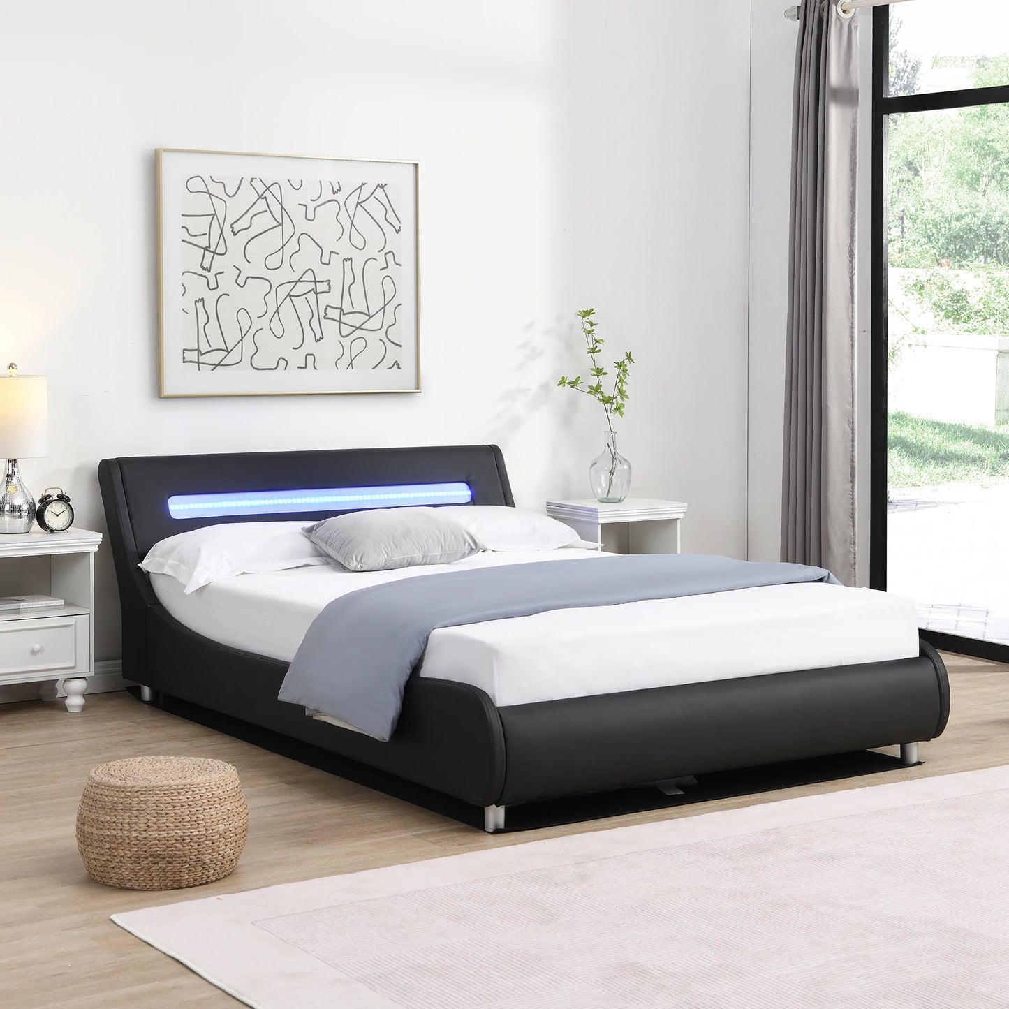 Full Size Low Profile Upholstered Platform Bed with LED headboard in Black