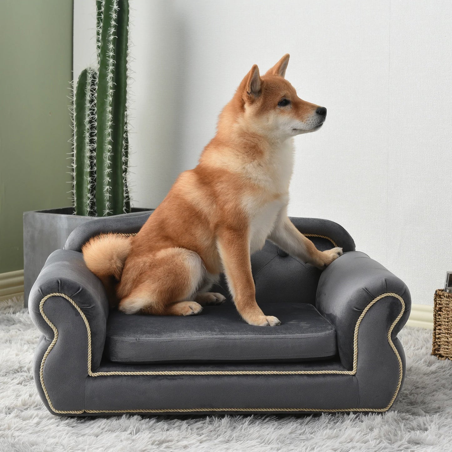 Pet Sofa with Buttons And Beige Rope Lines in 27 Inches Gray