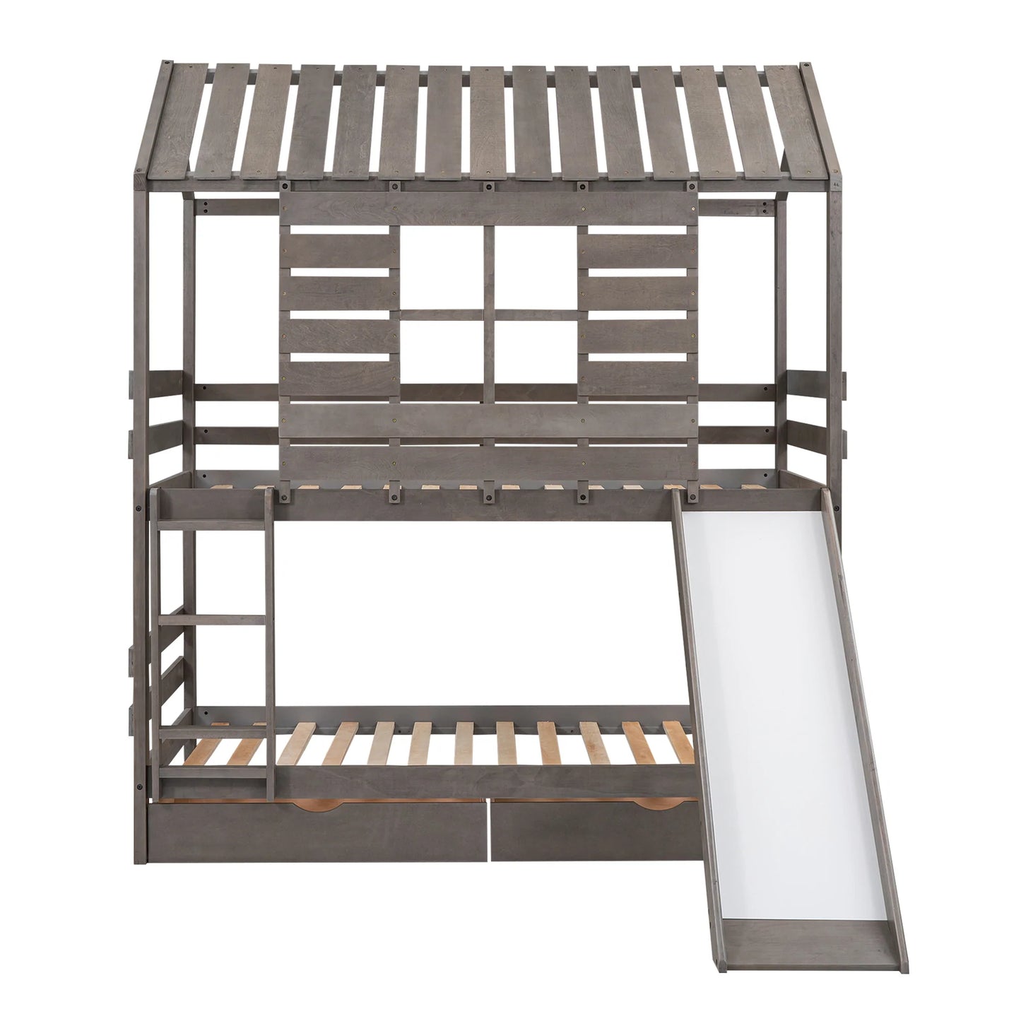 House Bunk Bed with Convertible Slide and Two Drawers in Antique Gray