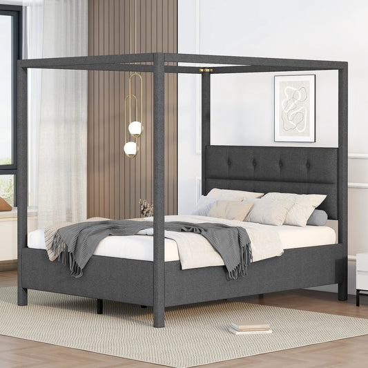 Platform Bed with Headboard Queen Size in Gray