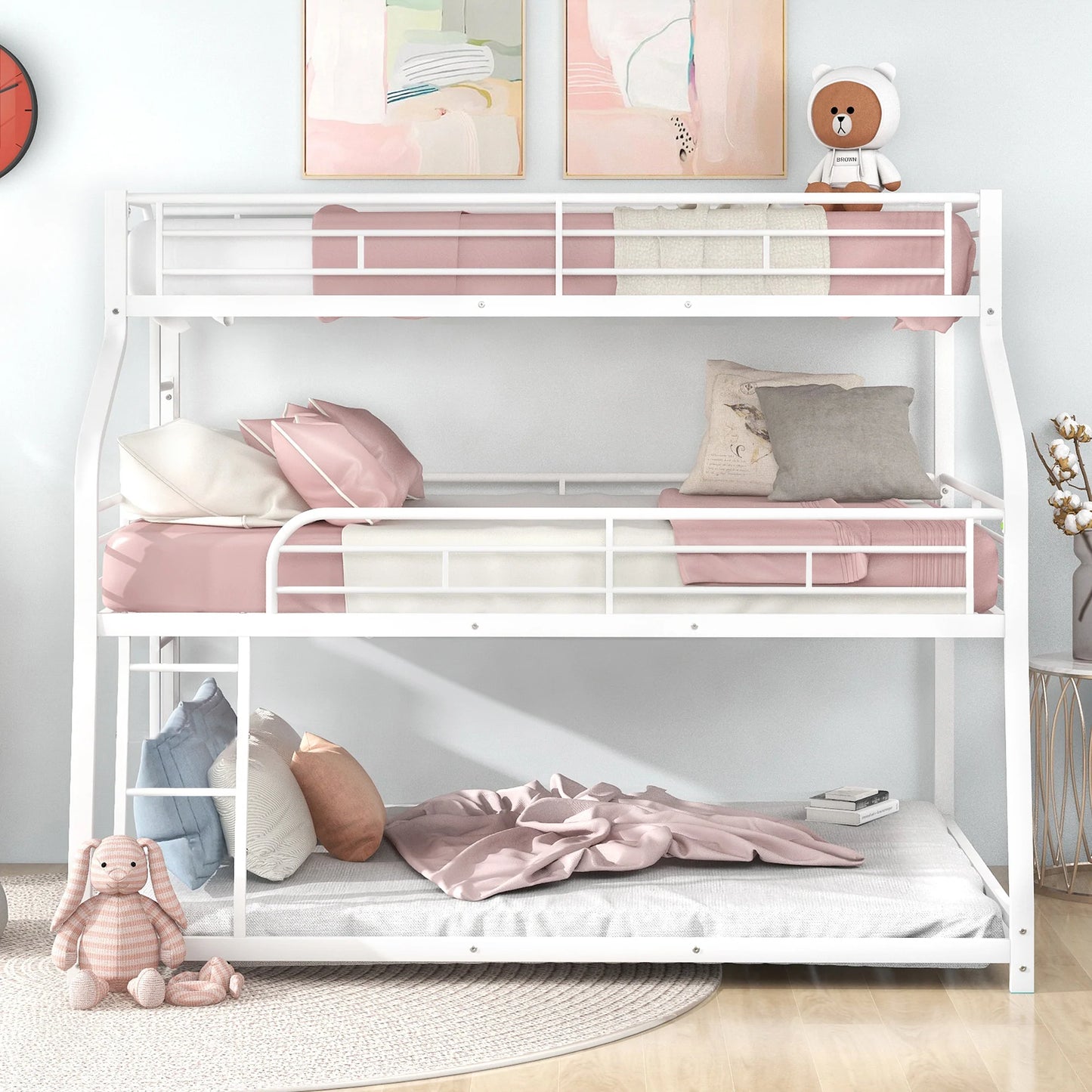 Triple Bunk Bed Long and Short Ladder Full Length Guardrail White
