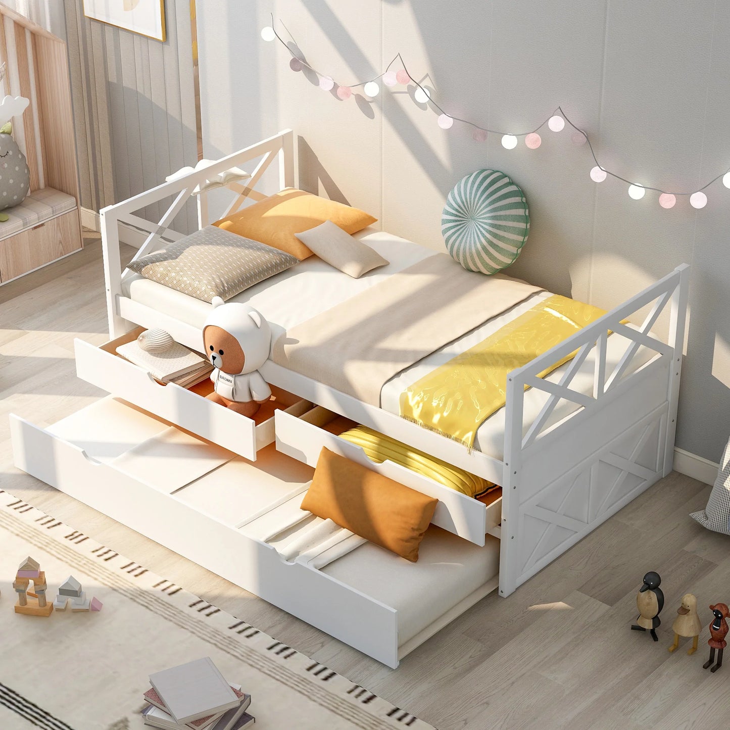 Daybed with Drawers and Trundle in White