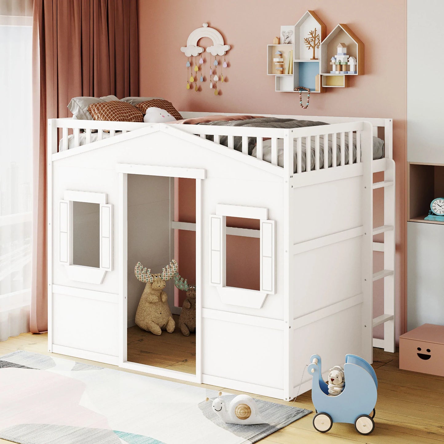 Full Size House Loft Bed With Ladder White