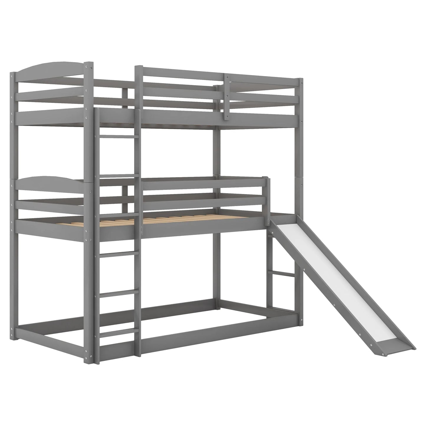 Adjustable Triple Bunk Bed with Ladder and Slide in Gray
