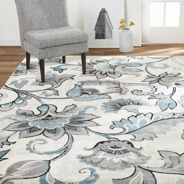 Area Rug Modern Floral 6 Feet 6 Inches By 9 Feet 6 Inches Ivory and Aqua
