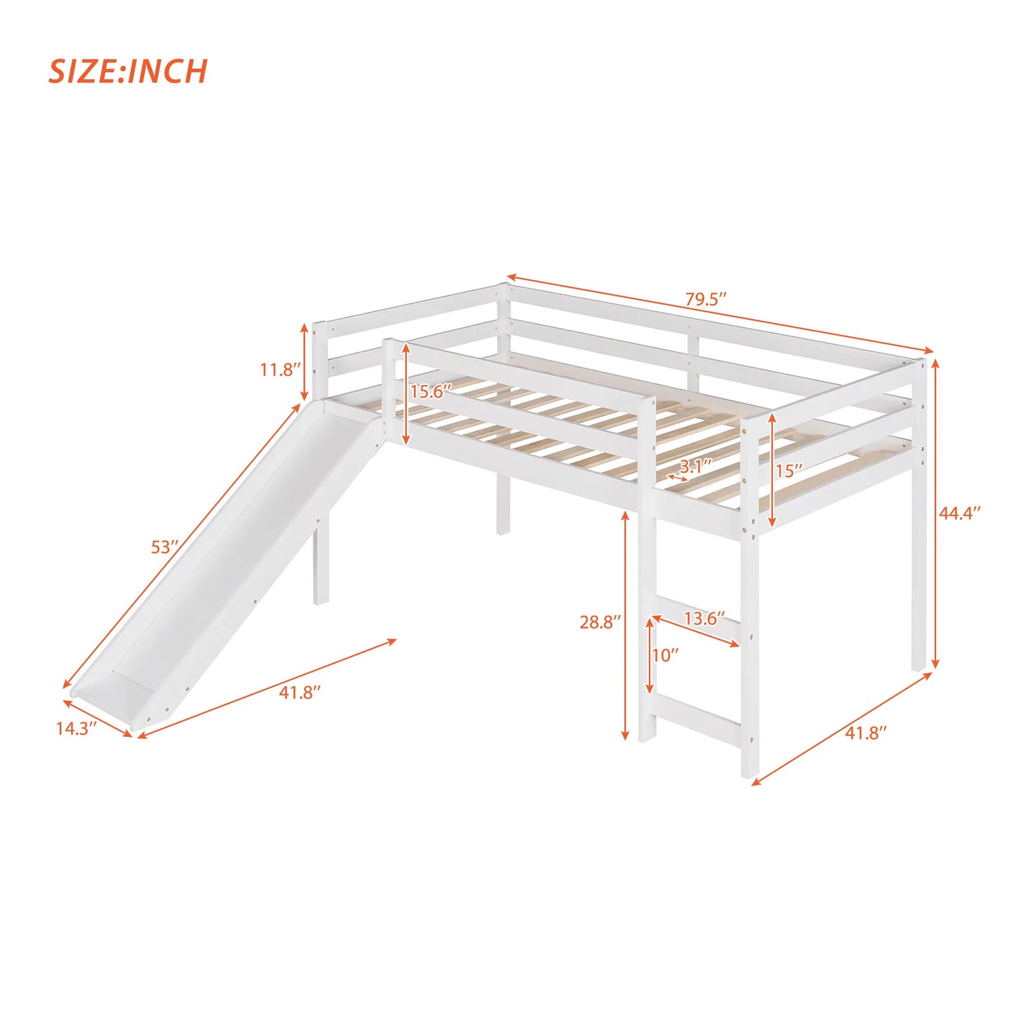 Loft Bed with Slide Multifunctional Design Twin in White