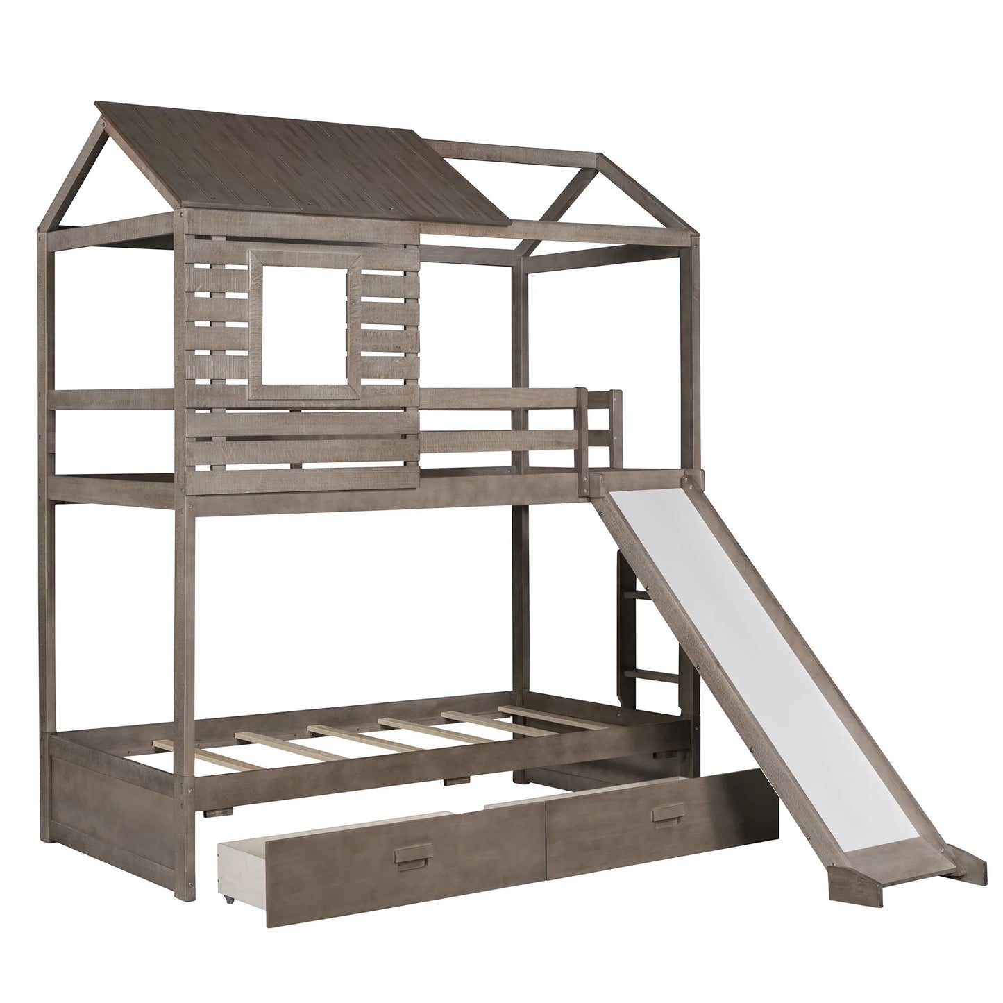 Slide House Shaped Wood Bunk Bed in Antique Gray