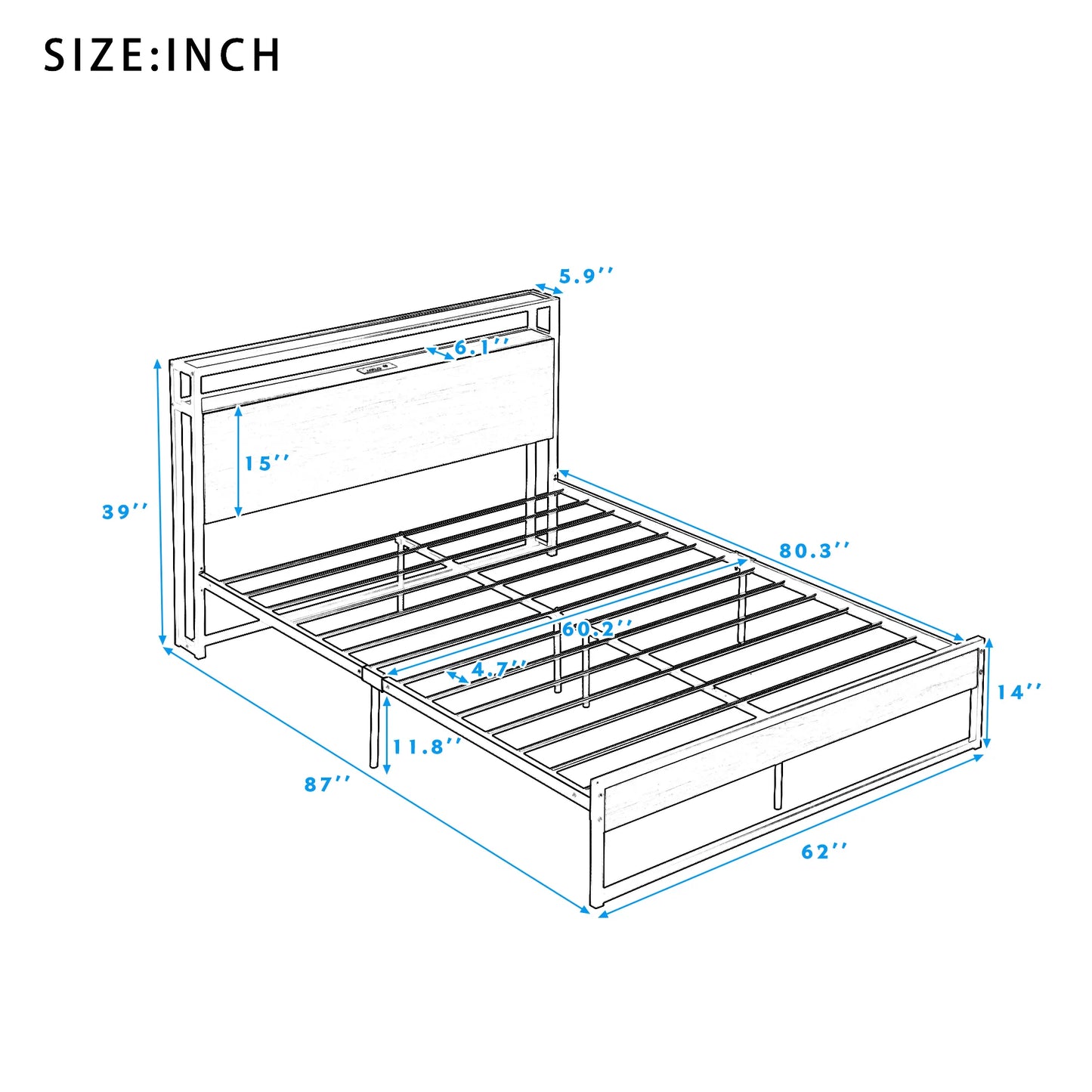 Bed Frame with Sockets USB Ports and Slat Support in Queen White