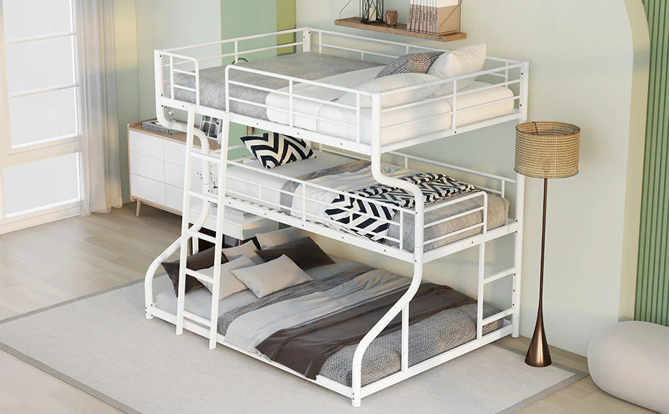 Triple Bunk Bed with Long and Short Ladder Queen Size in White