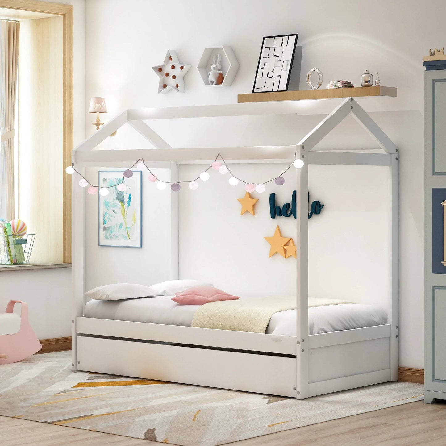 House Bed with Trundle in White