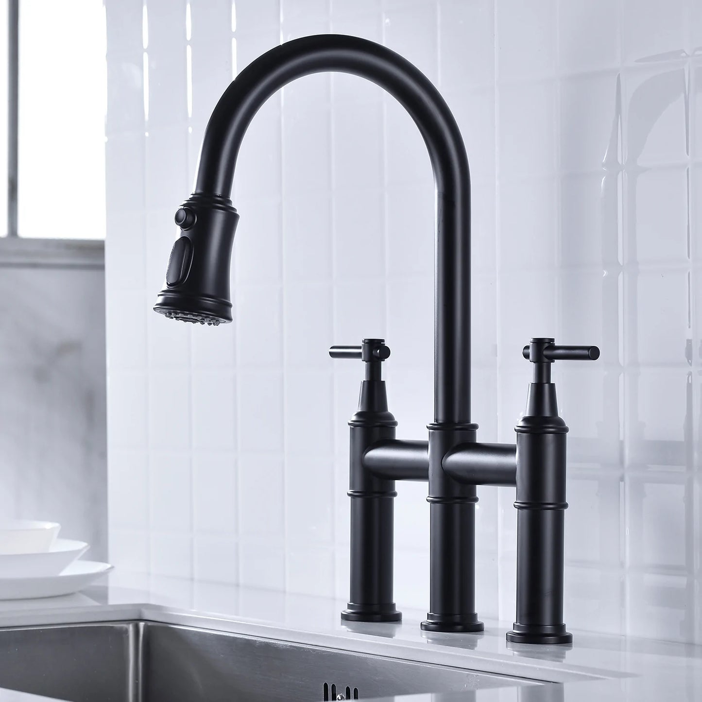 Bridge Kitchen Faucet with Pull-Down Sprayhead in Matte Black