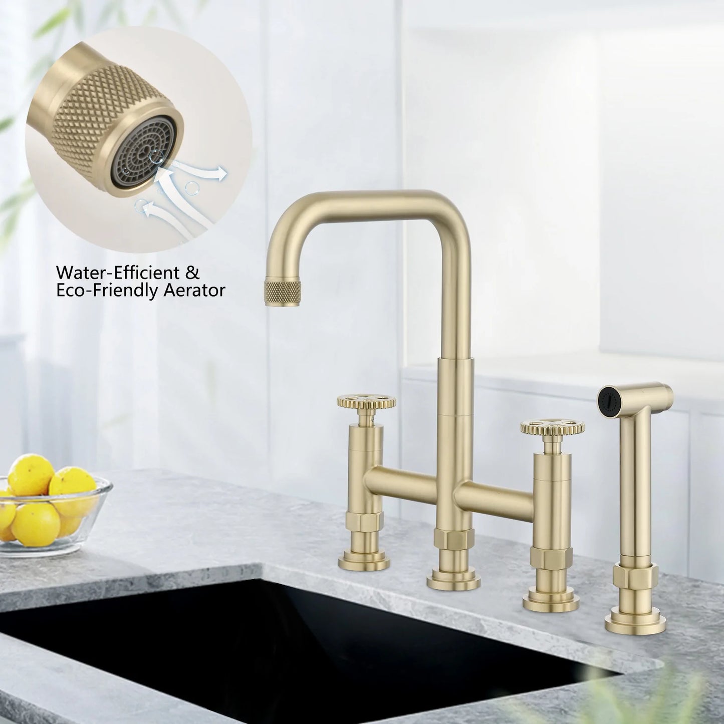 Bridge Kitchen Faucet with Side Spray with Double Handle