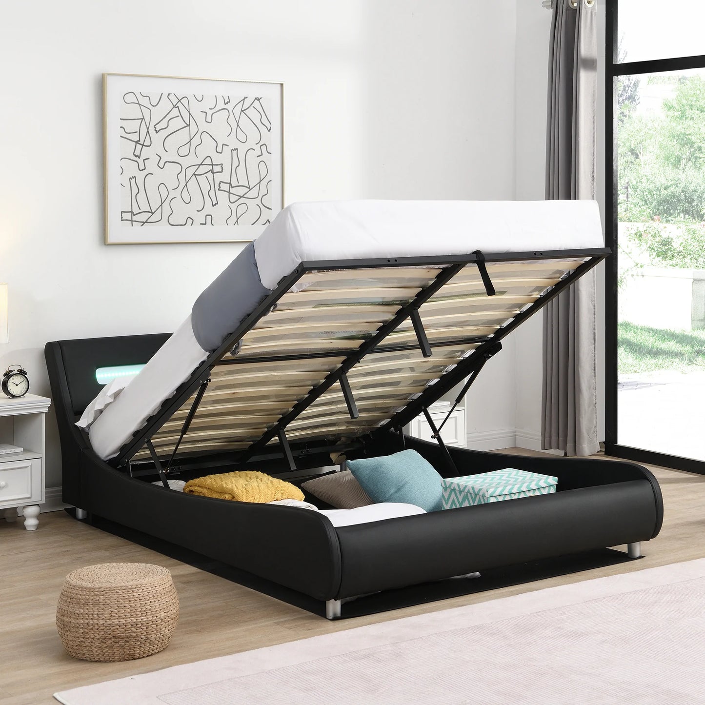 Full Size Low Profile Upholstered Platform Bed with LED headboard in Black