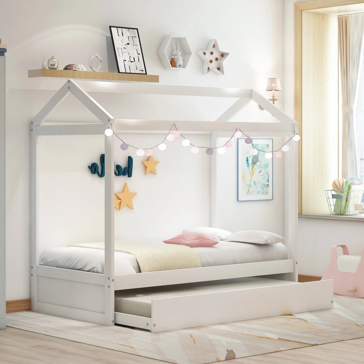 House Bed with Trundle in White