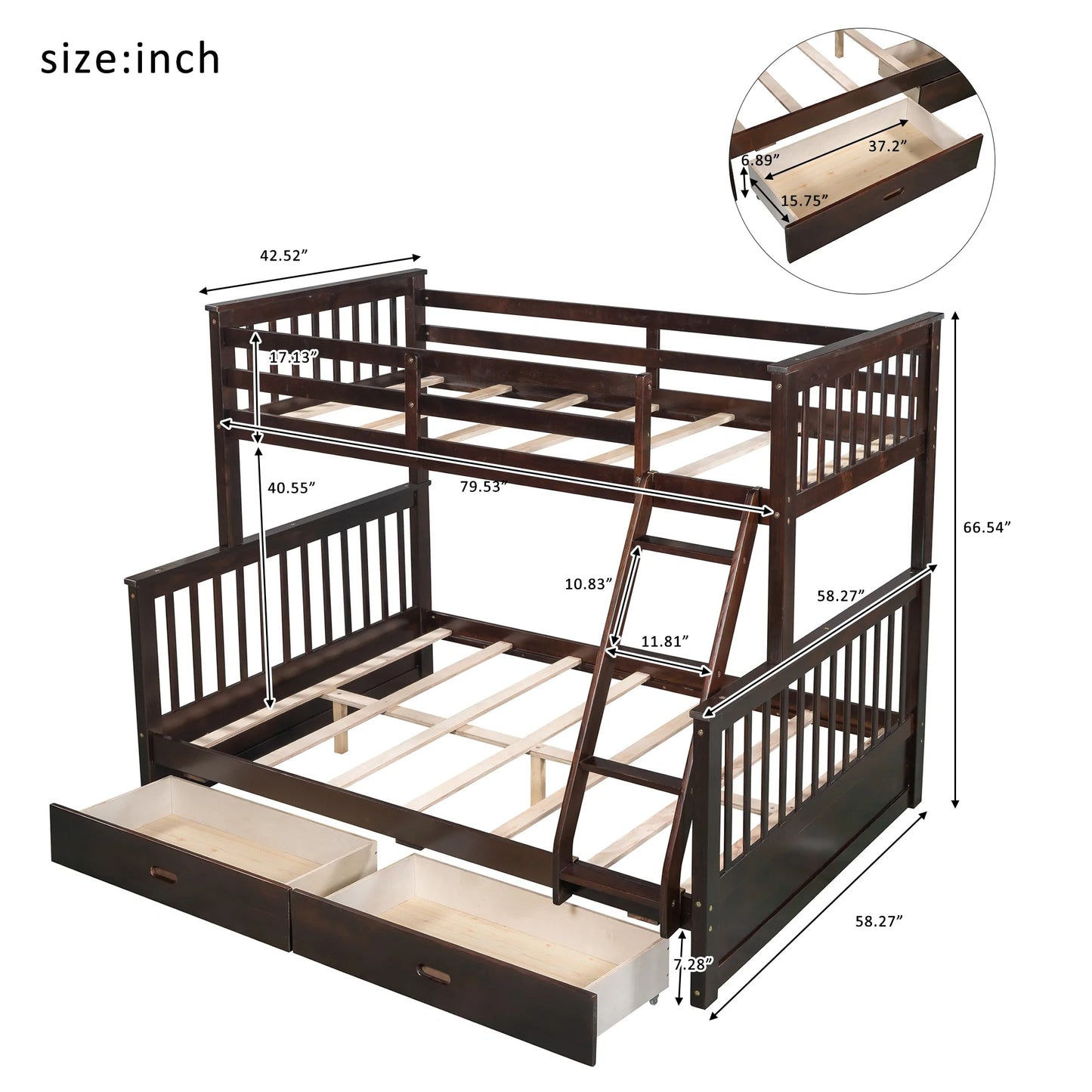 Twin Over Full Bunk Bed Ladders Two Storage Drawers Espresso