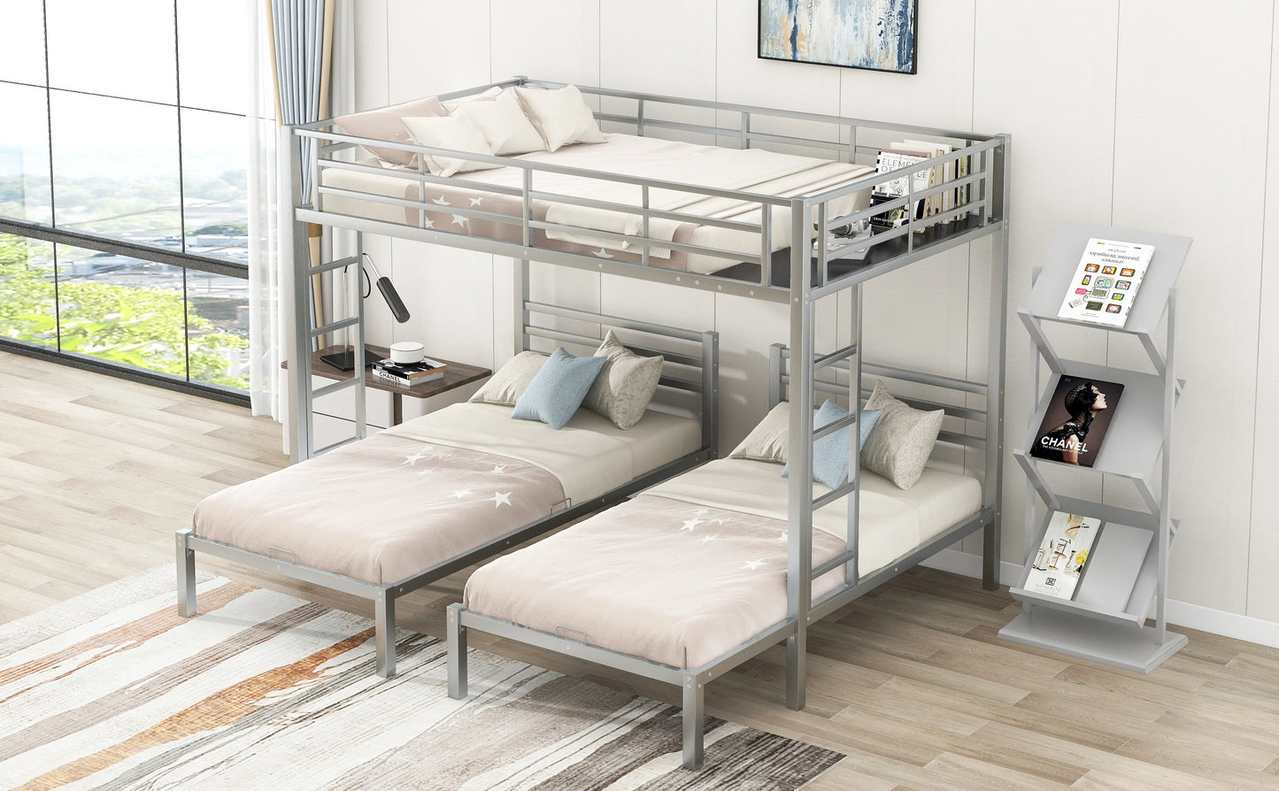 Full over Twin And Twin Size Bunk Bed with Built in Shelf in Silver