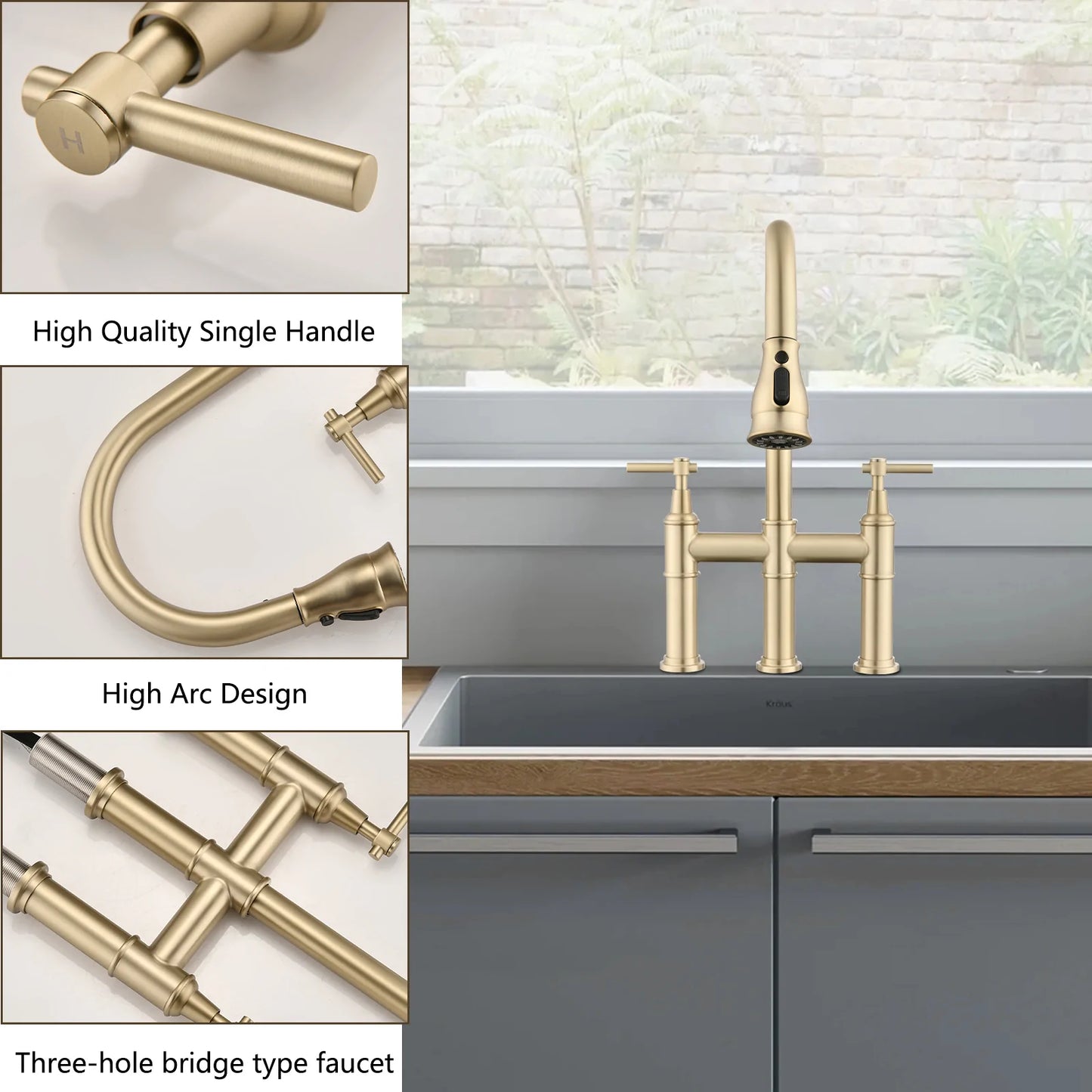 Kitchen Faucet Double Handle With Pull Down Spray Head in Brushed Gold