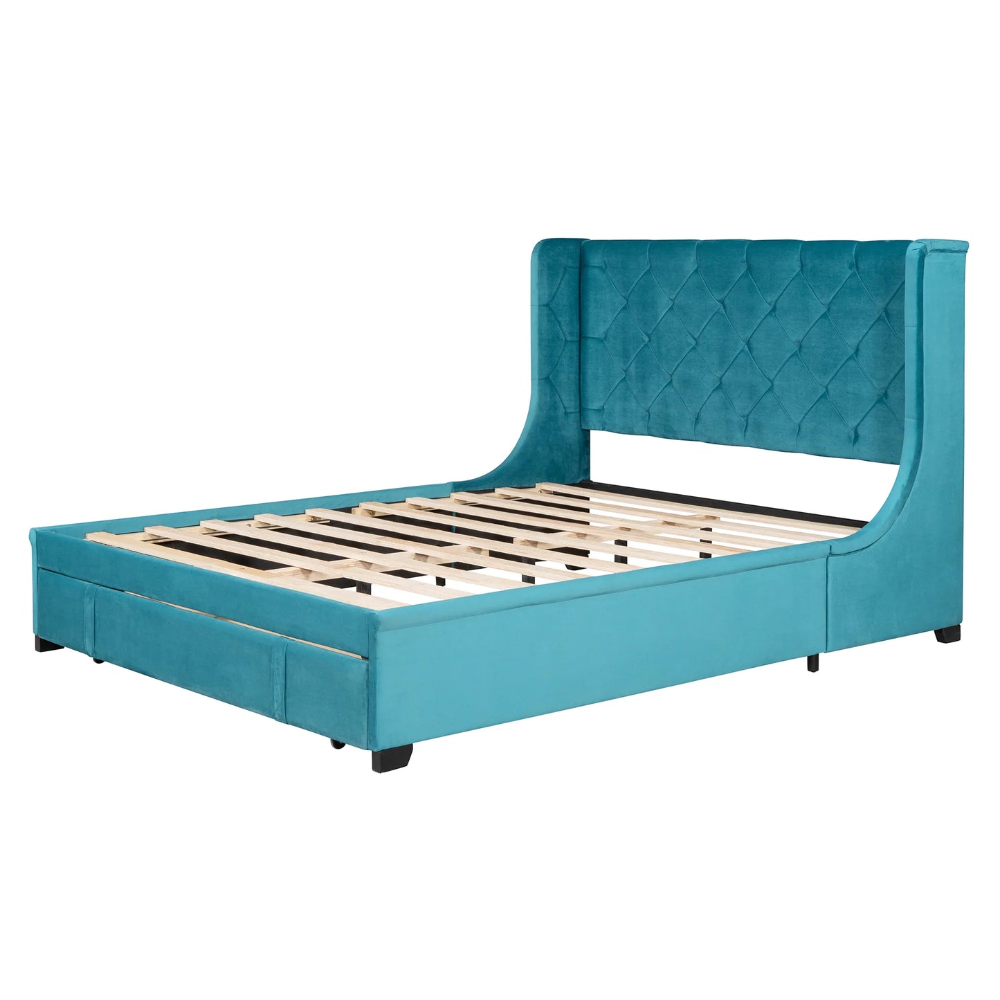 Storage Bed Velvet Upholstered Platform Wingback Headboard Blue