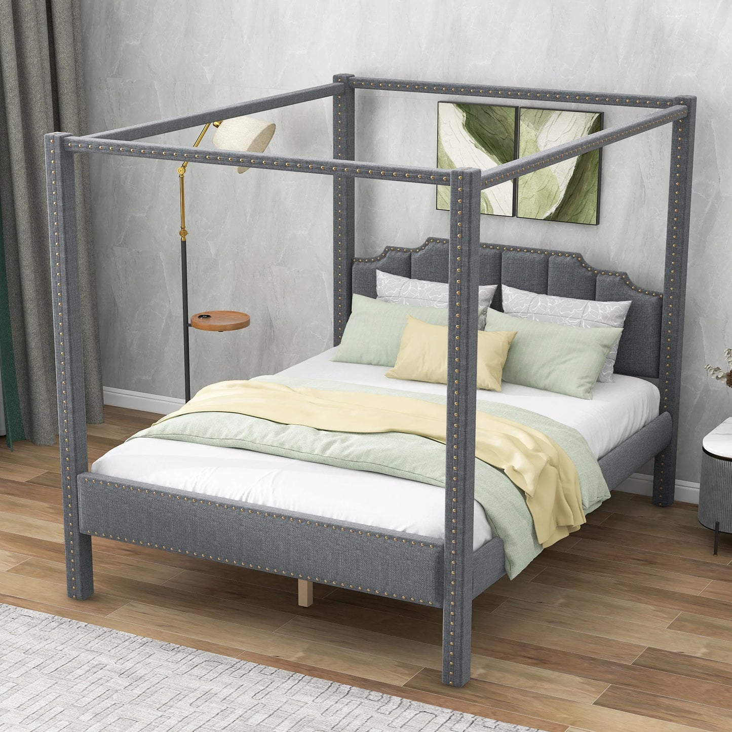 Upholstery Canopy Platform Bed Headboard Support Legs in Gray