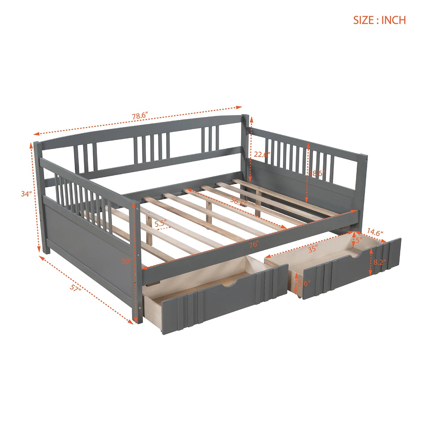 Daybed Wood Bed with Two Drawers in Gray