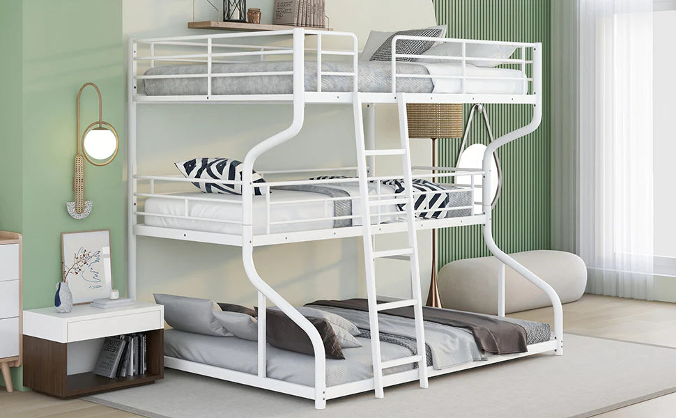 Triple Bunk Bed with Long and Short Ladder Queen Size in White