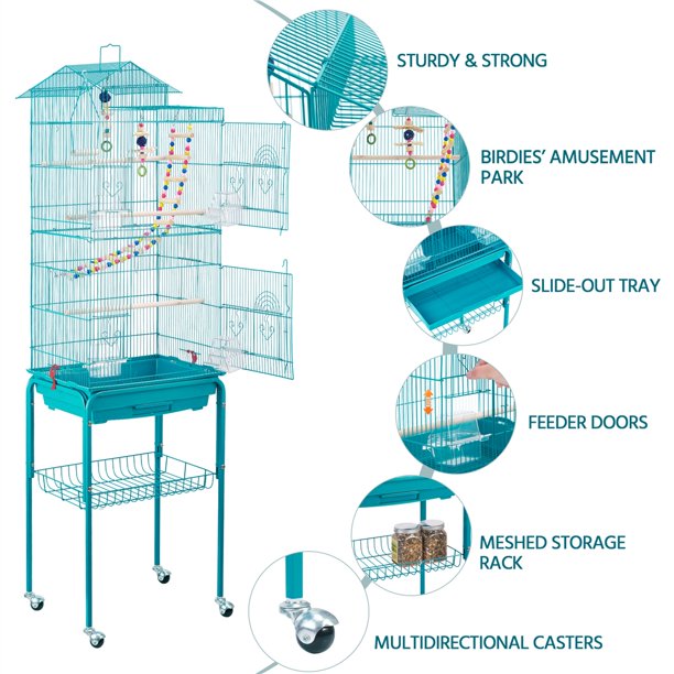 Teal Blue Rolling Mid-Size Bird Cage