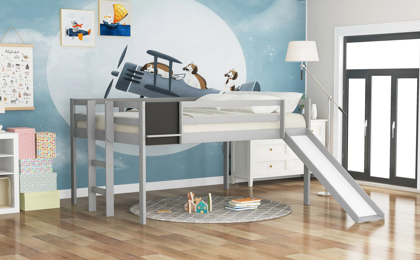 Loft Bed Wood Bed with Slide Stair and Chalkboard in Gray