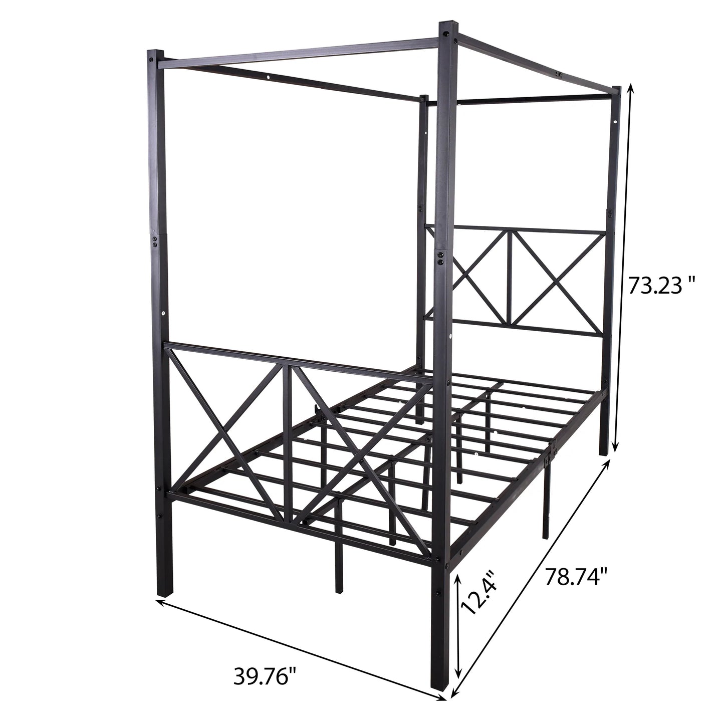 Metal Canopy Bed Frame Platform with X Shaped in Twin Black