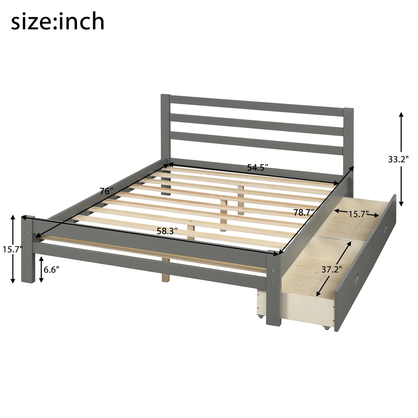 Wood Platform Bed with Two Drawers Full in Gray