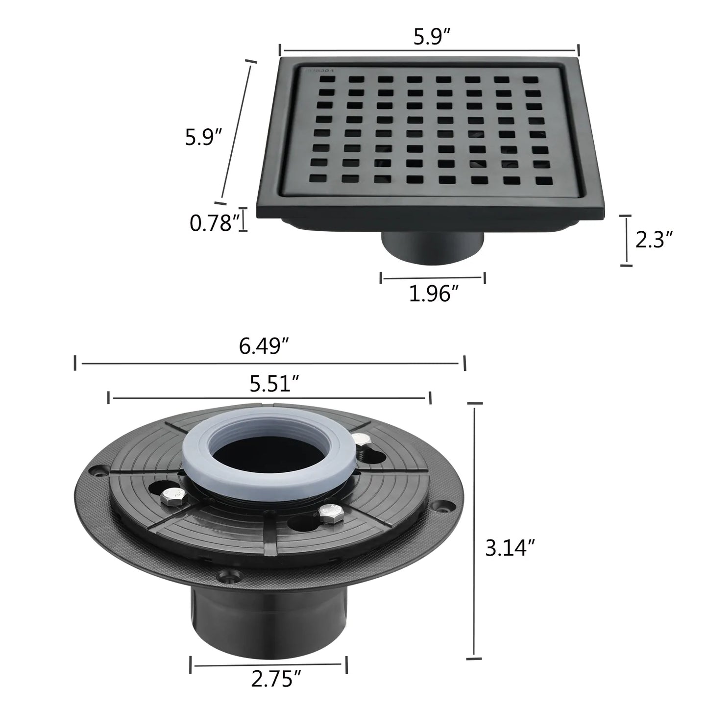 Square Shower Floor Drain in Matte Black 6 Inches