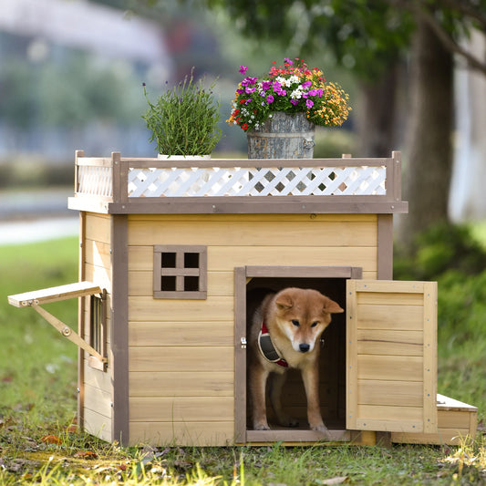 Dog House with Wood Feeder in 31.5 Inches Natural