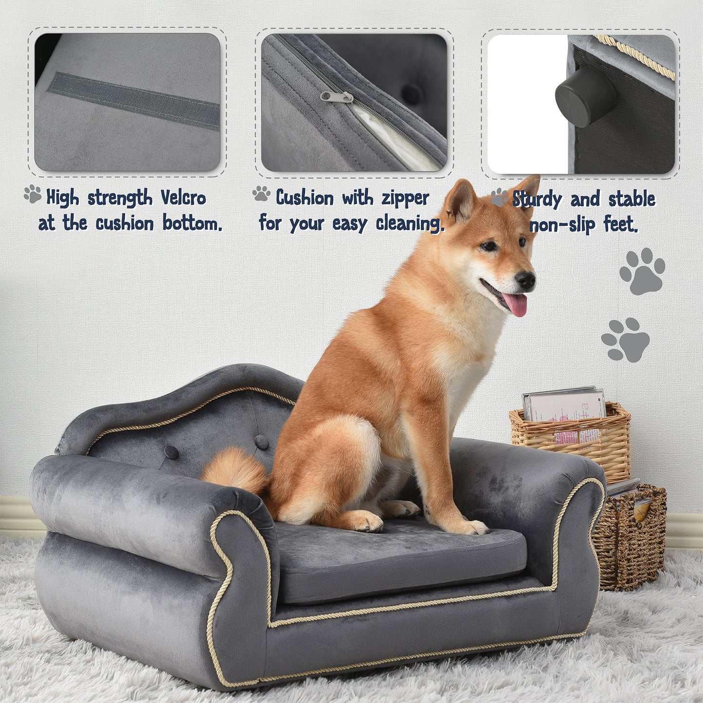 Pet Sofa with Buttons And Beige Rope Lines in 27 Inches Gray