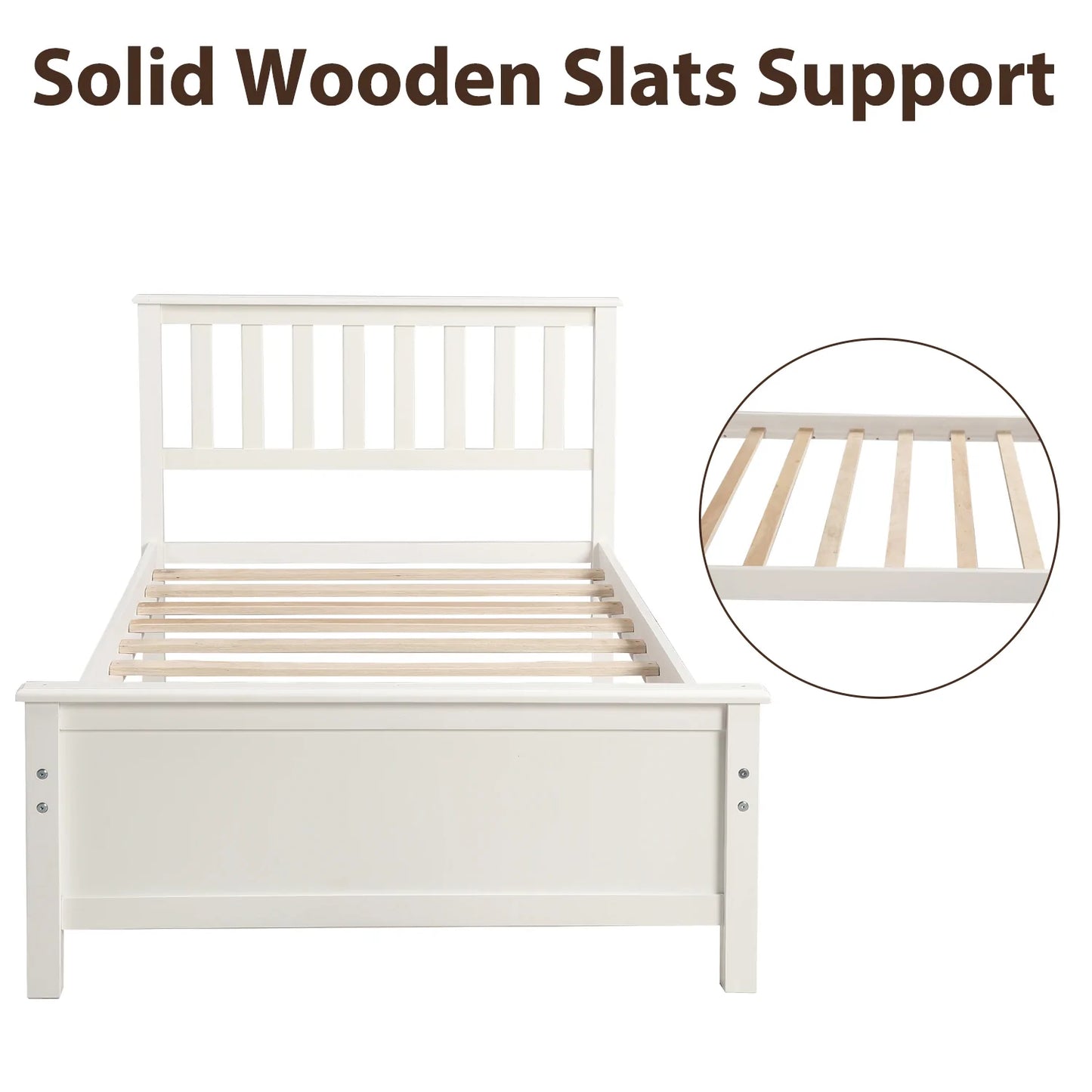 Wood Platform Bed Headboard Footboard Wood Slat Support in White