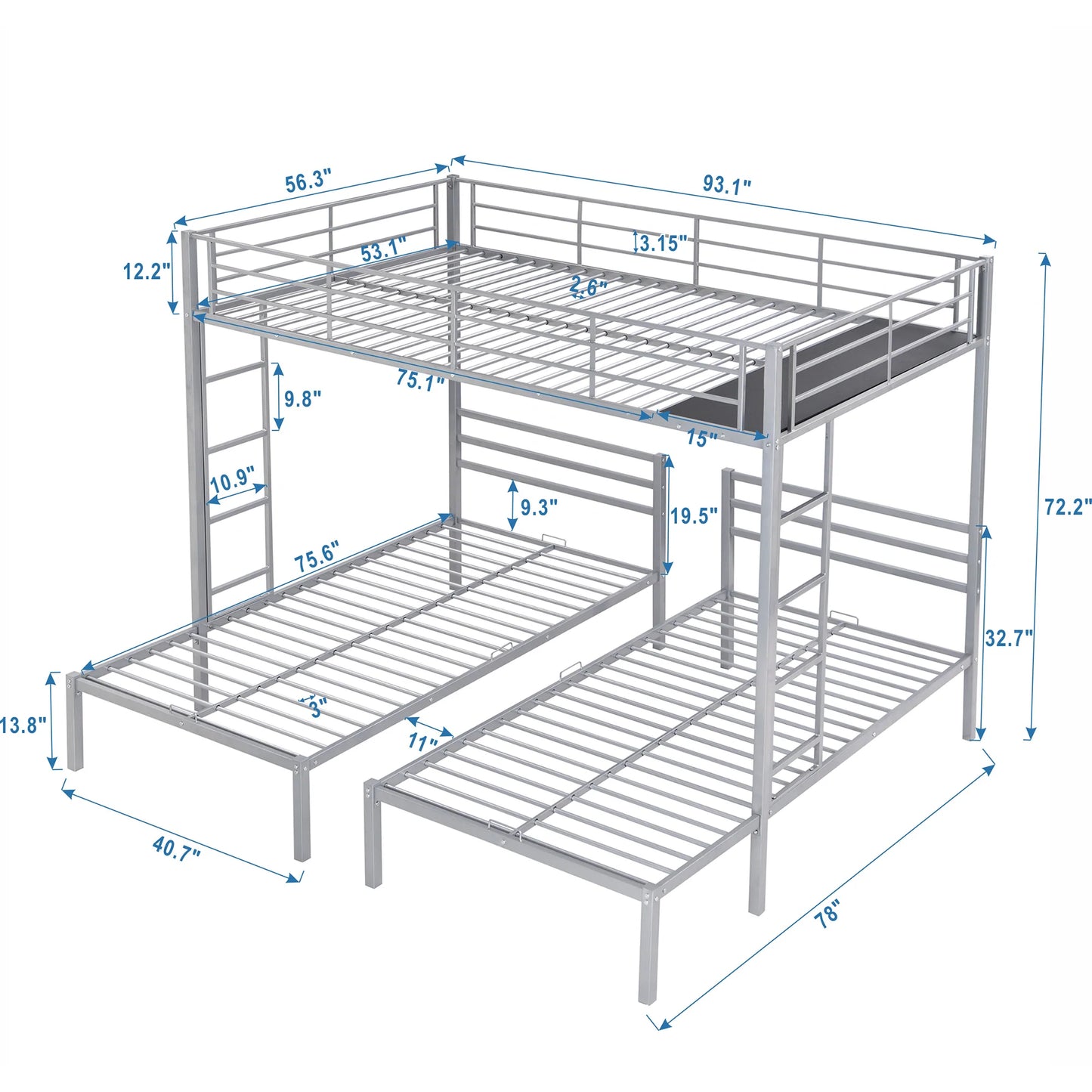 Full over Twin And Twin Size Bunk Bed with Built in Shelf in Silver