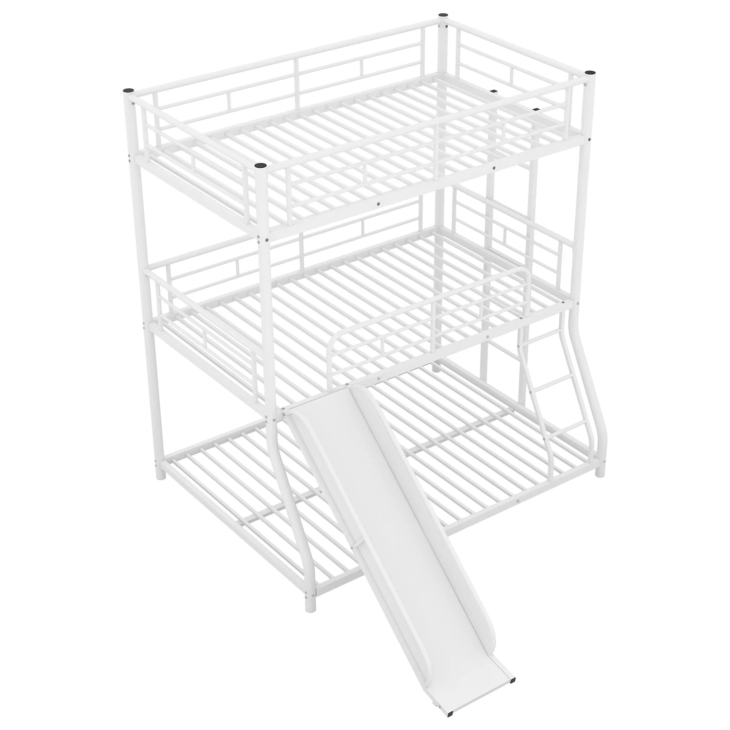 Full Triple Bunk Bed with Long and Short Ladder and Full Length Guardrails in Black