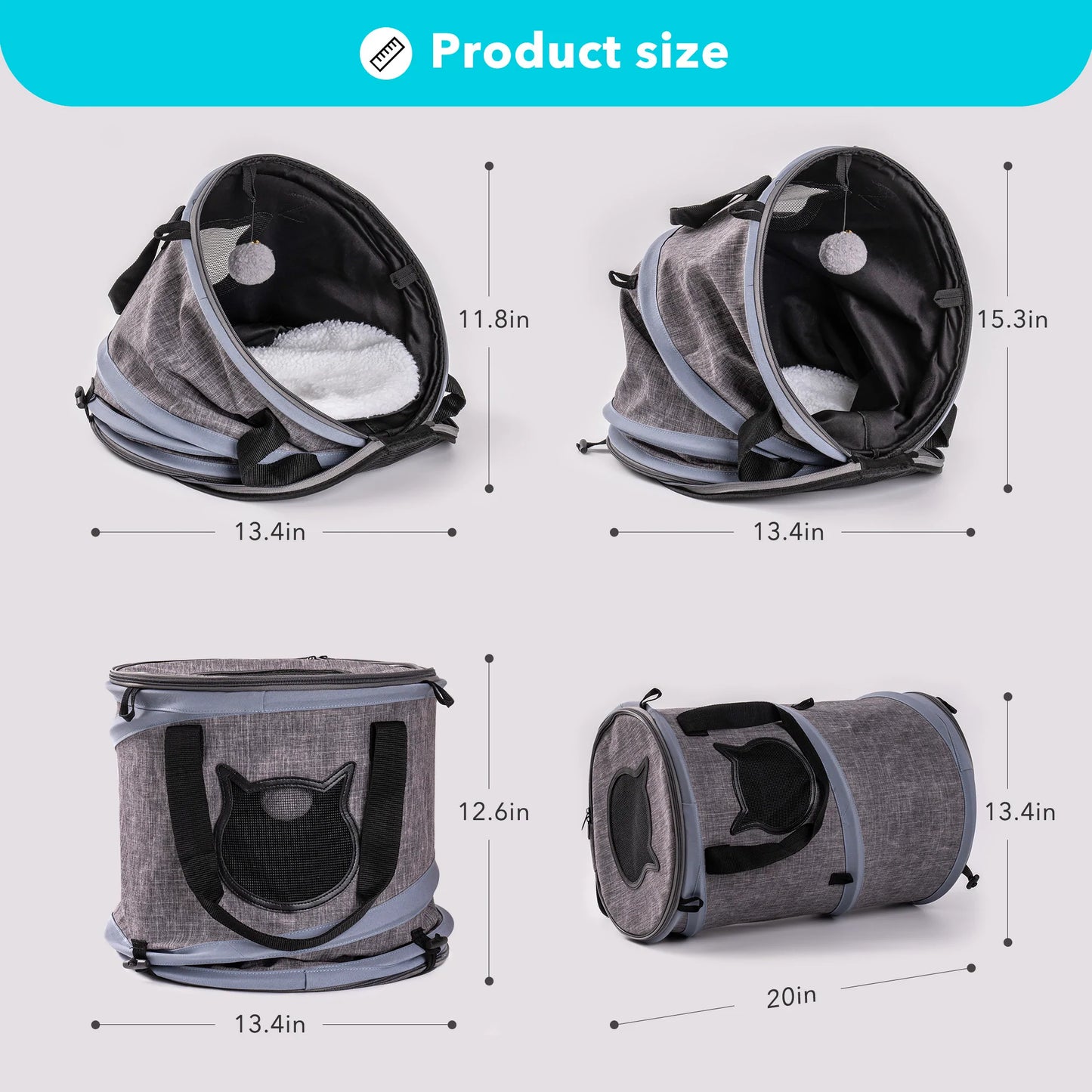 Foldable Tunnel Pet Travel Carrier Bag with Plush Balls in Gray