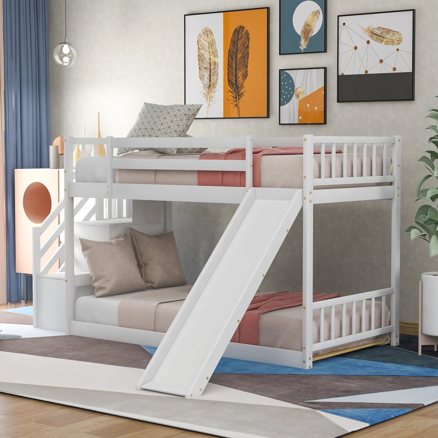 Bunk Bed with Convertible Slide and Stairway in White