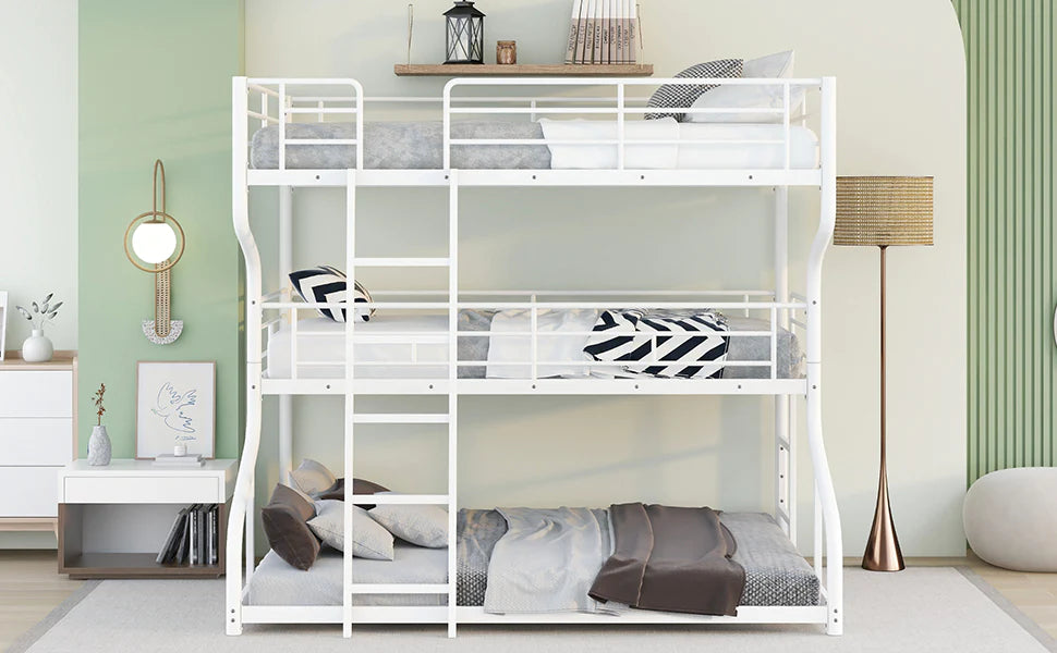 Triple Bunk Bed with Long and Short Ladder Queen Size in White