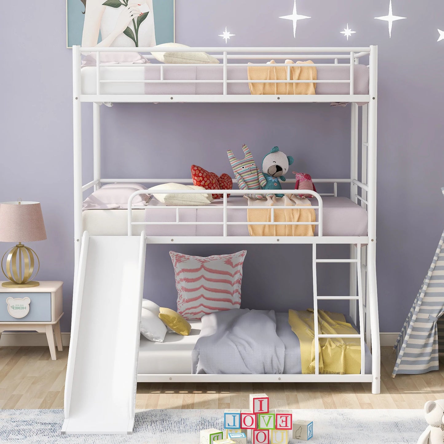 Full Triple Bunk Bed with Long and Short Ladder and Full Length Guardrails in Black