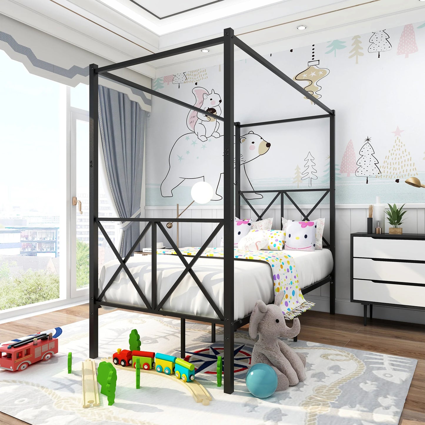 Metal Canopy Bed Frame Platform with X Shaped in Twin Black