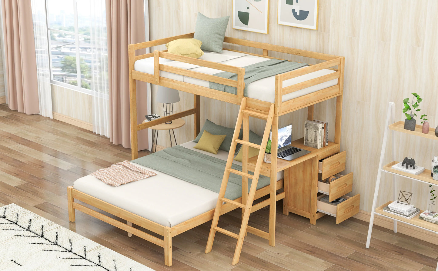 Full Bunk Bed with Built in Desk and Three Drawers in Natural
