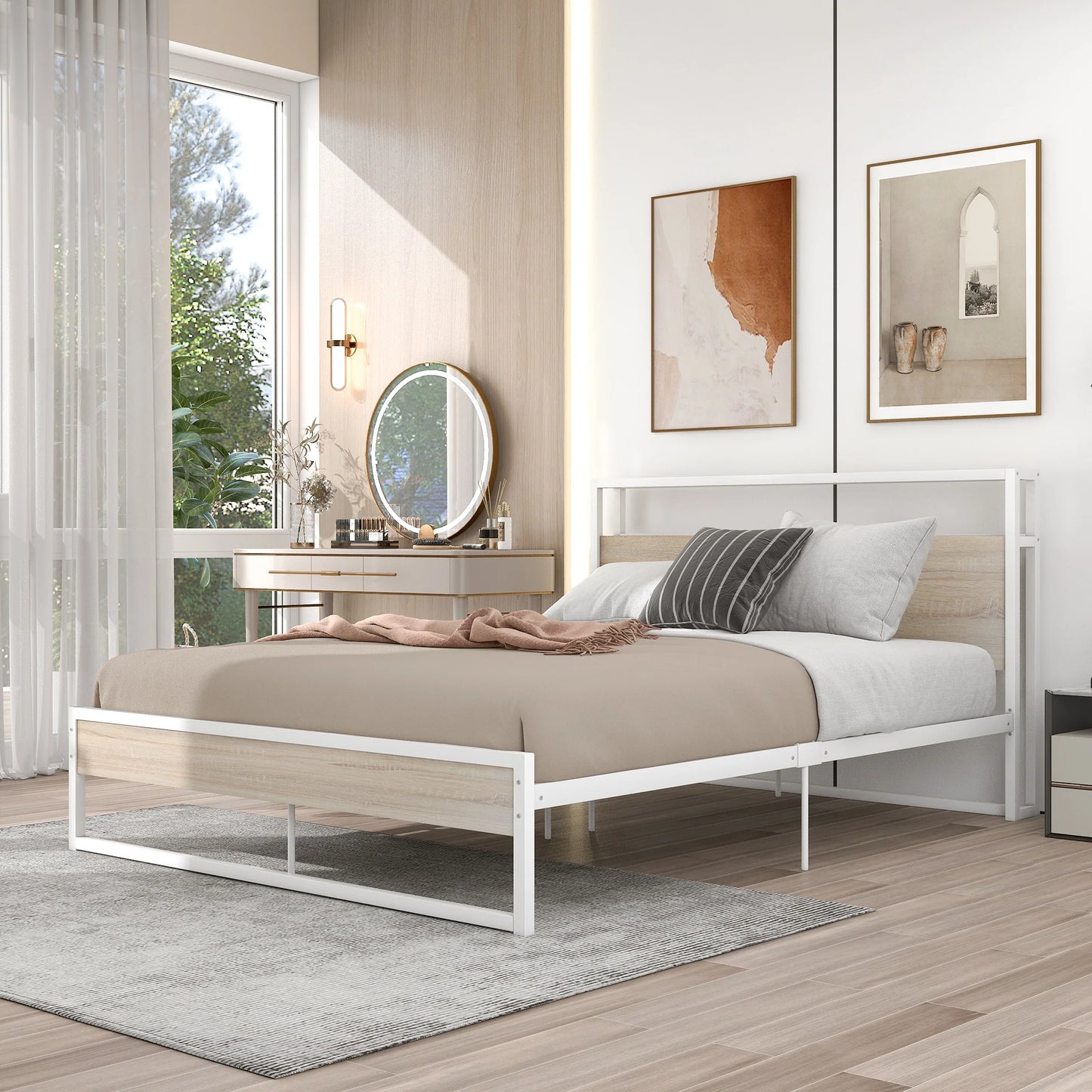 Bed Frame with Sockets USB Ports and Slat Support in Queen White