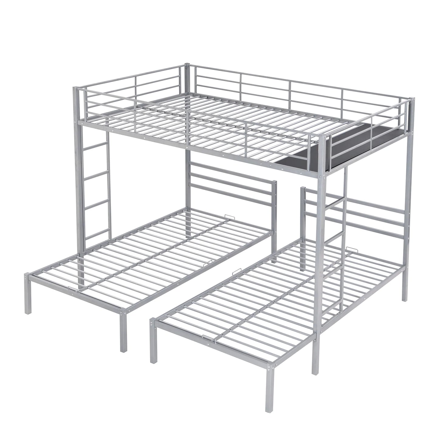 Full over Twin And Twin Size Bunk Bed with Built in Shelf in Silver
