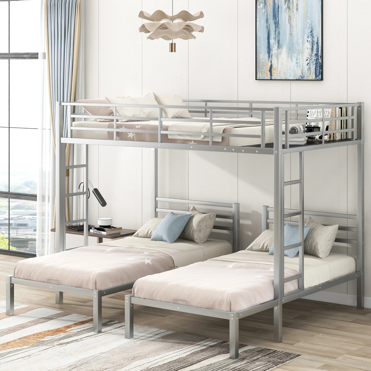 Full over Twin And Twin Size Bunk Bed with Built in Shelf in Silver