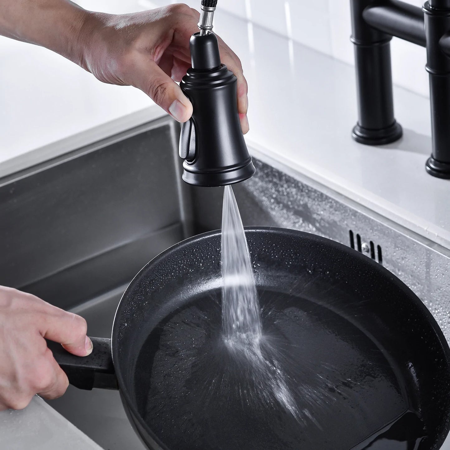 Bridge Kitchen Faucet with Pull-Down Sprayhead in Matte Black