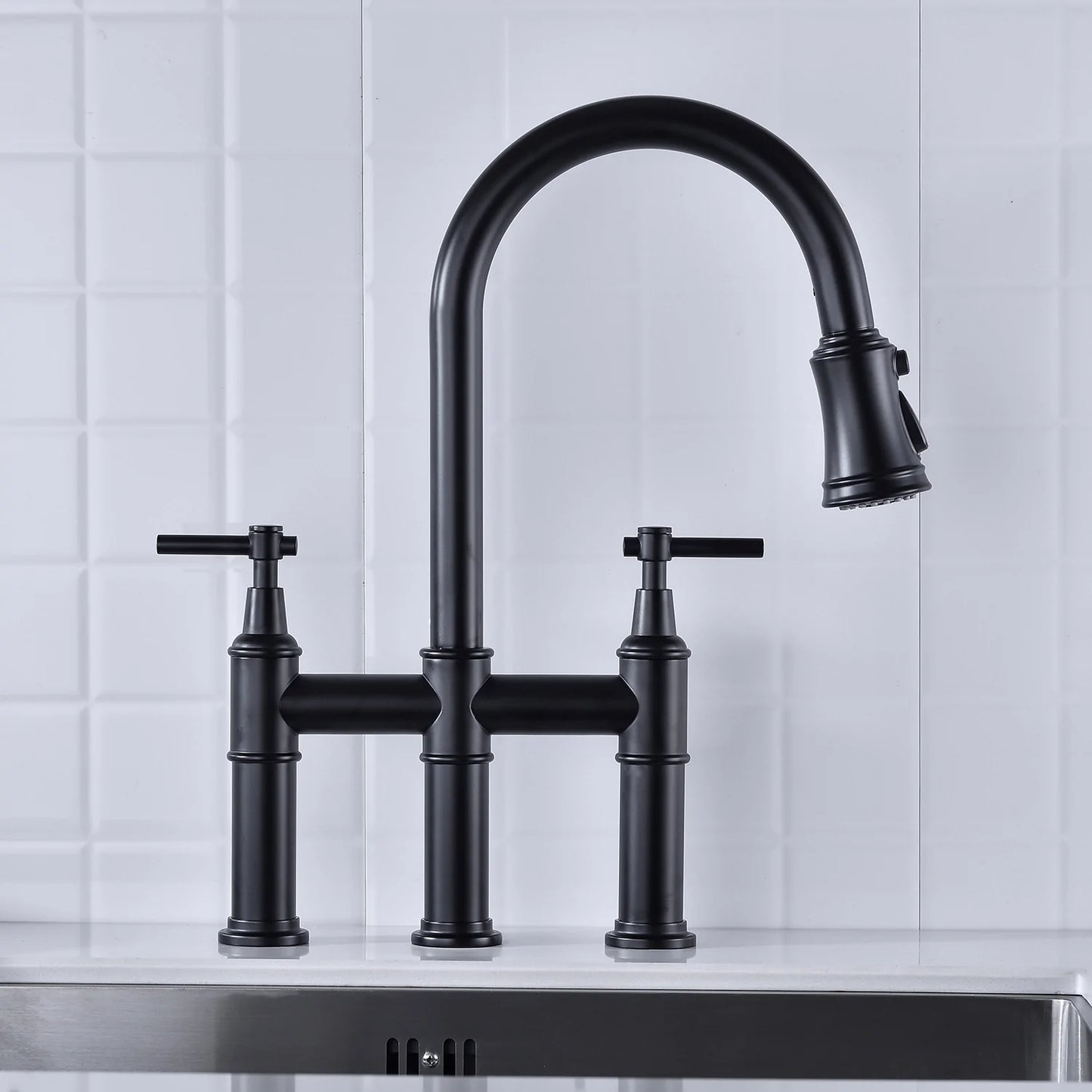 Bridge Kitchen Faucet with Pull-Down Sprayhead in Matte Black