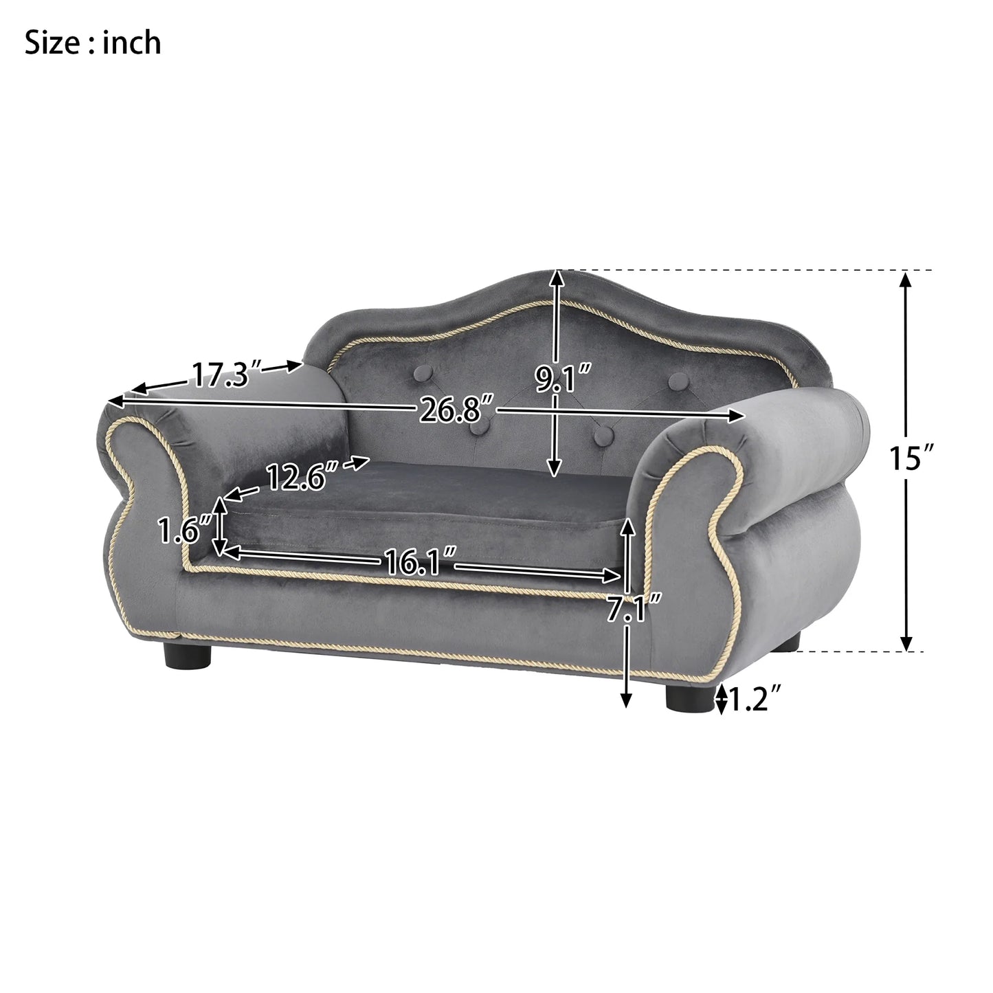 Pet Sofa with Buttons And Beige Rope Lines in 27 Inches Gray