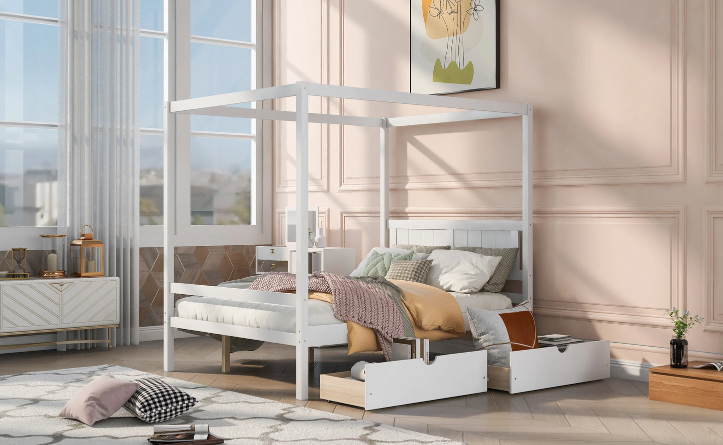 Canopy Platform Bed with Two Drawers With Slat Support Leg in White