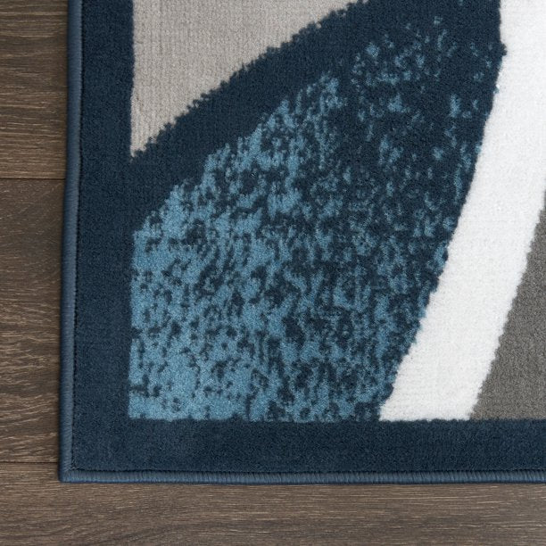 Abstract Border Runner Area Rug Blue and Grey 62x43 Inches